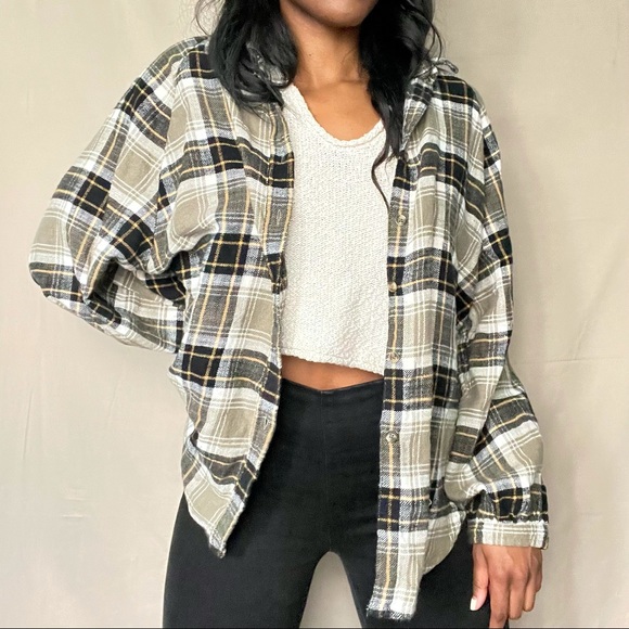 American Eagle Outfitters Tops - American Eagle Olive, Cream, and Black Plaid Flannel Shirt, M